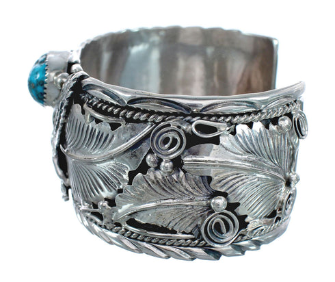 Turquoise Navajo Authentic Sterling Silver Eagle Leaf Cuff Bracelet AX124828